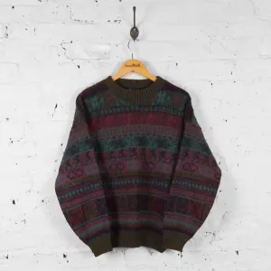 Vintage Patterned Knit Jumper - Purple - L