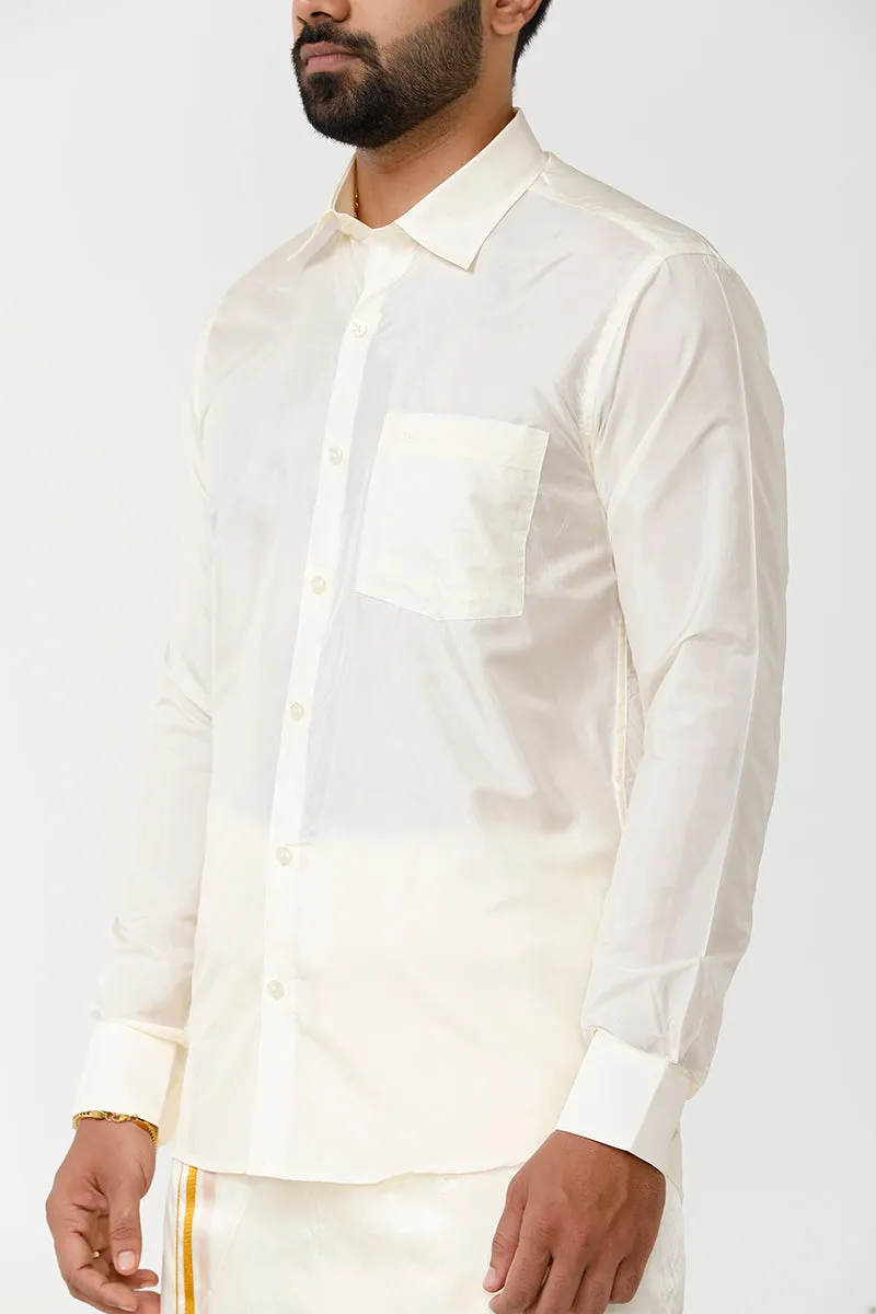 Vriksham - Cream Shirt and Jari Double Layered Dhoti With Towel 3in1 Wedding Set For Mens | Uathayam