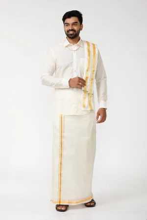 Vriksham - Cream Shirt and Jari Double Layered Dhoti With Towel 3in1 Wedding Set For Mens | Uathayam
