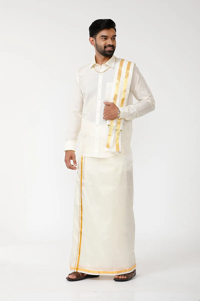 Vriksham - Cream Shirt and Jari Double Layered Dhoti With Towel 3in1 Wedding Set For Mens | Uathayam