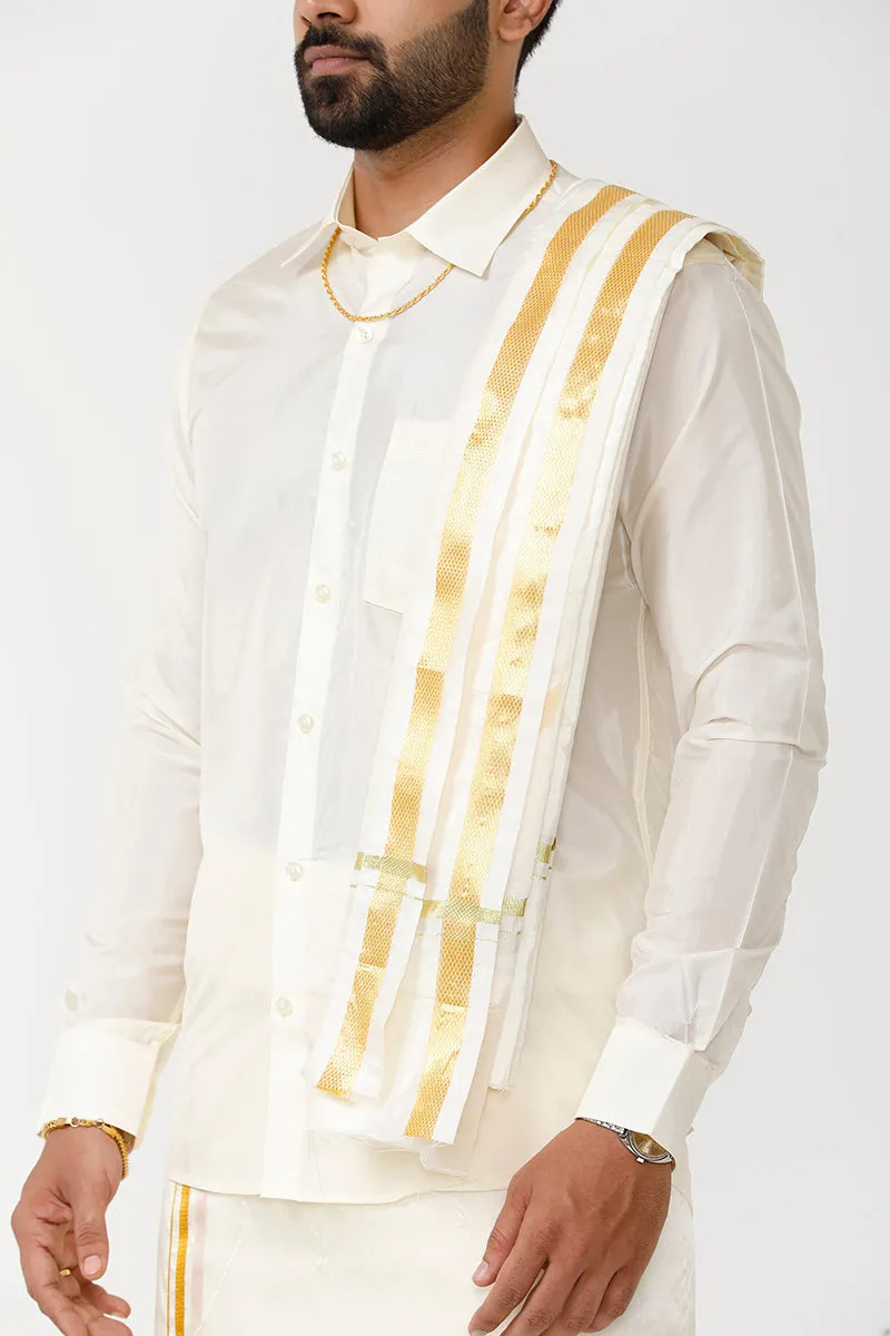 Vriksham - Cream Shirt and Jari Double Layered Dhoti With Towel 3in1 Wedding Set For Mens | Uathayam