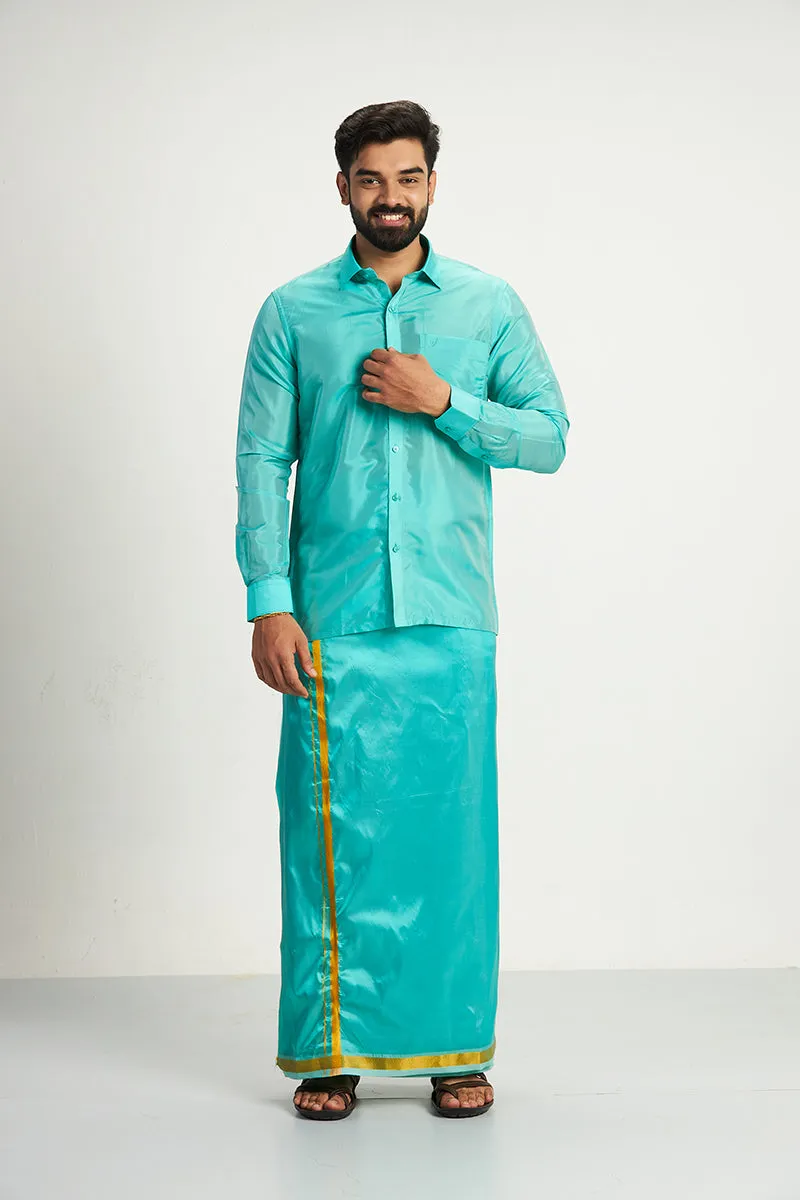 Vriksham - Green Shirt and Matching Double Layered Dhoti 2 in 1 Wedding Set For Mens | Uathayam