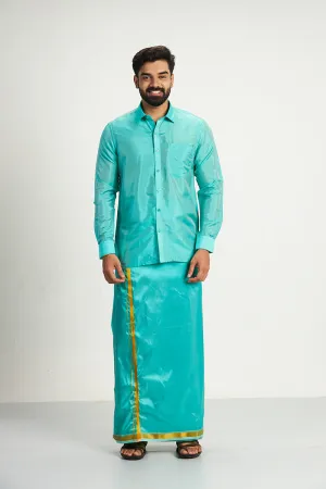 Vriksham - Green Shirt and Matching Double Layered Dhoti 2 in 1 Wedding Set For Mens | Uathayam