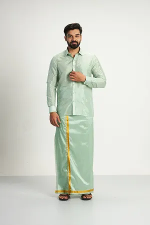 Vriksham - Pista Green Shirt and Matching Double Layered Dhoti 2 in 1 Wedding Set For Mens | Uathayam
