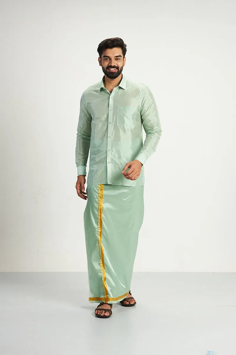 Vriksham - Pista Green Shirt and Matching Double Layered Dhoti 2 in 1 Wedding Set For Mens | Uathayam