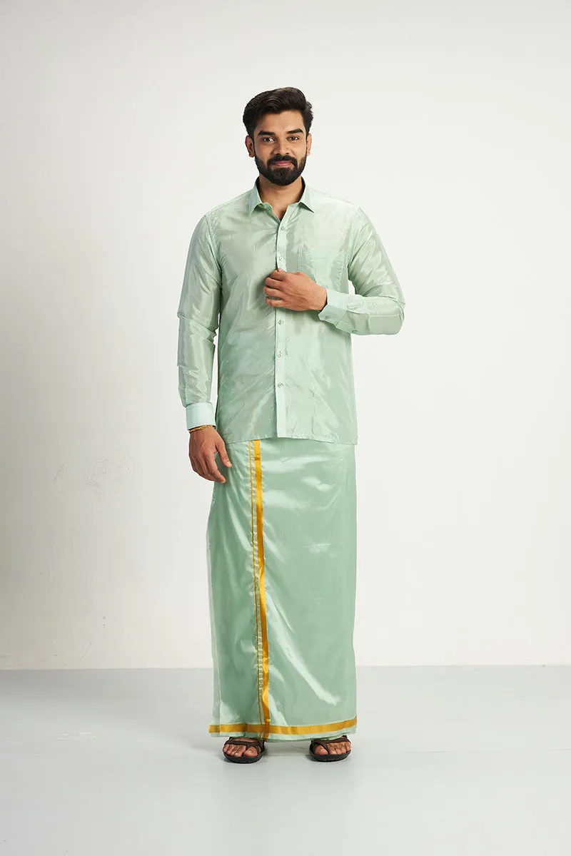 Vriksham - Pista Green Shirt and Matching Double Layered Dhoti 2 in 1 Wedding Set For Mens | Uathayam