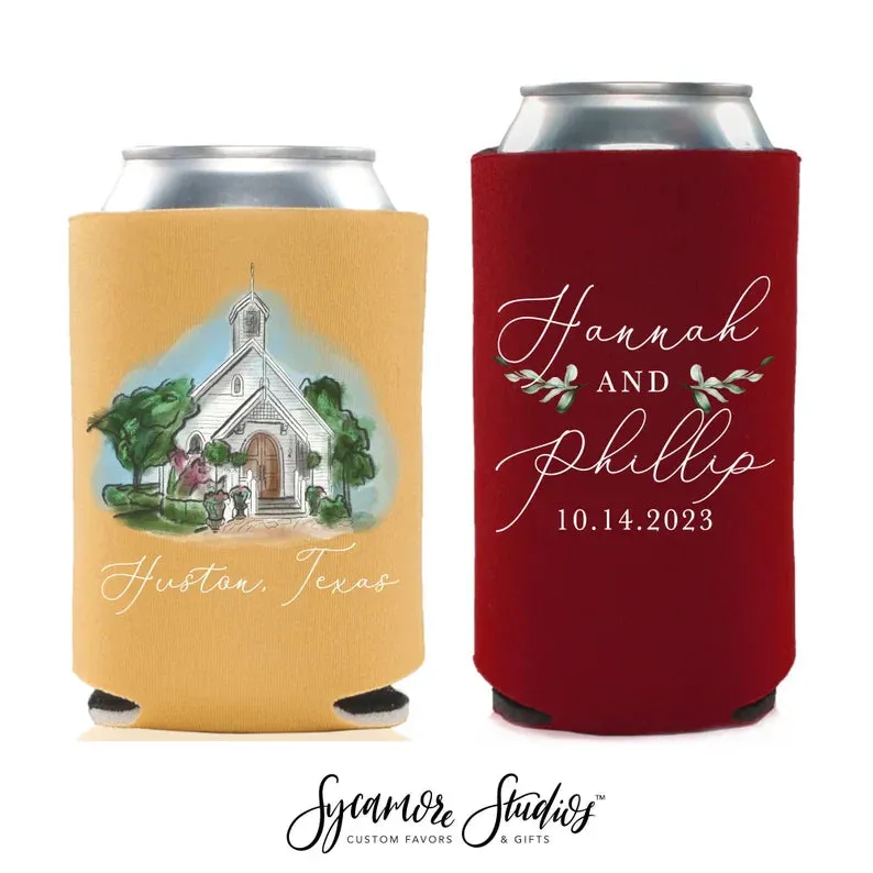 Wedding Regular & Slim Can Cooler Package #9FRS - Full Color - Custom Watercolor Venue