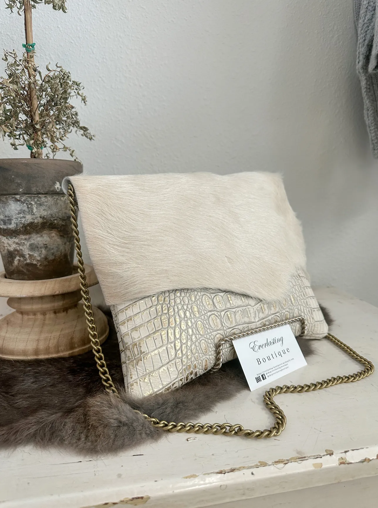 White & Gold Croc with Cream Hide Clutch/Crossbody