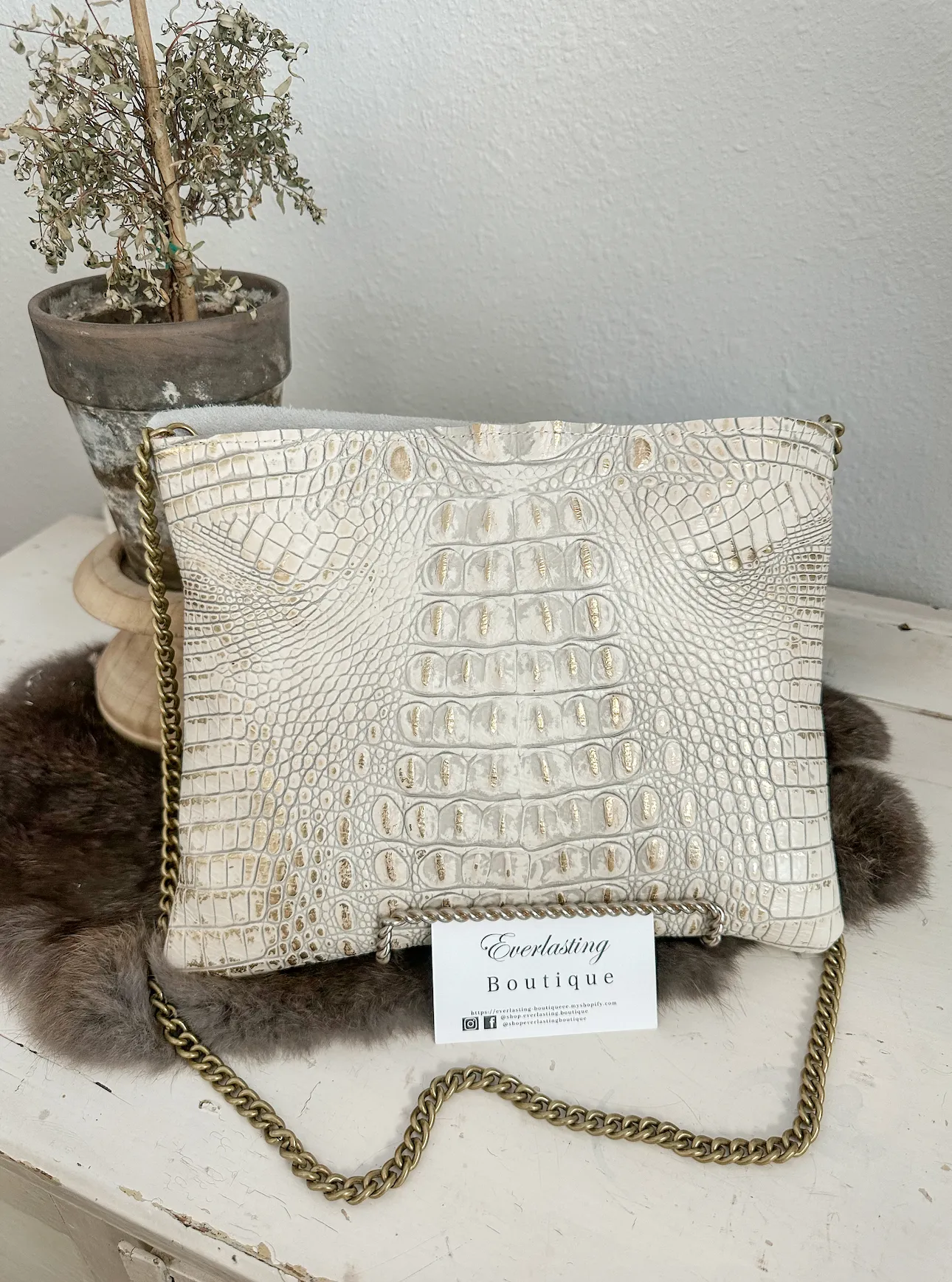 White & Gold Croc with Cream Hide Clutch/Crossbody