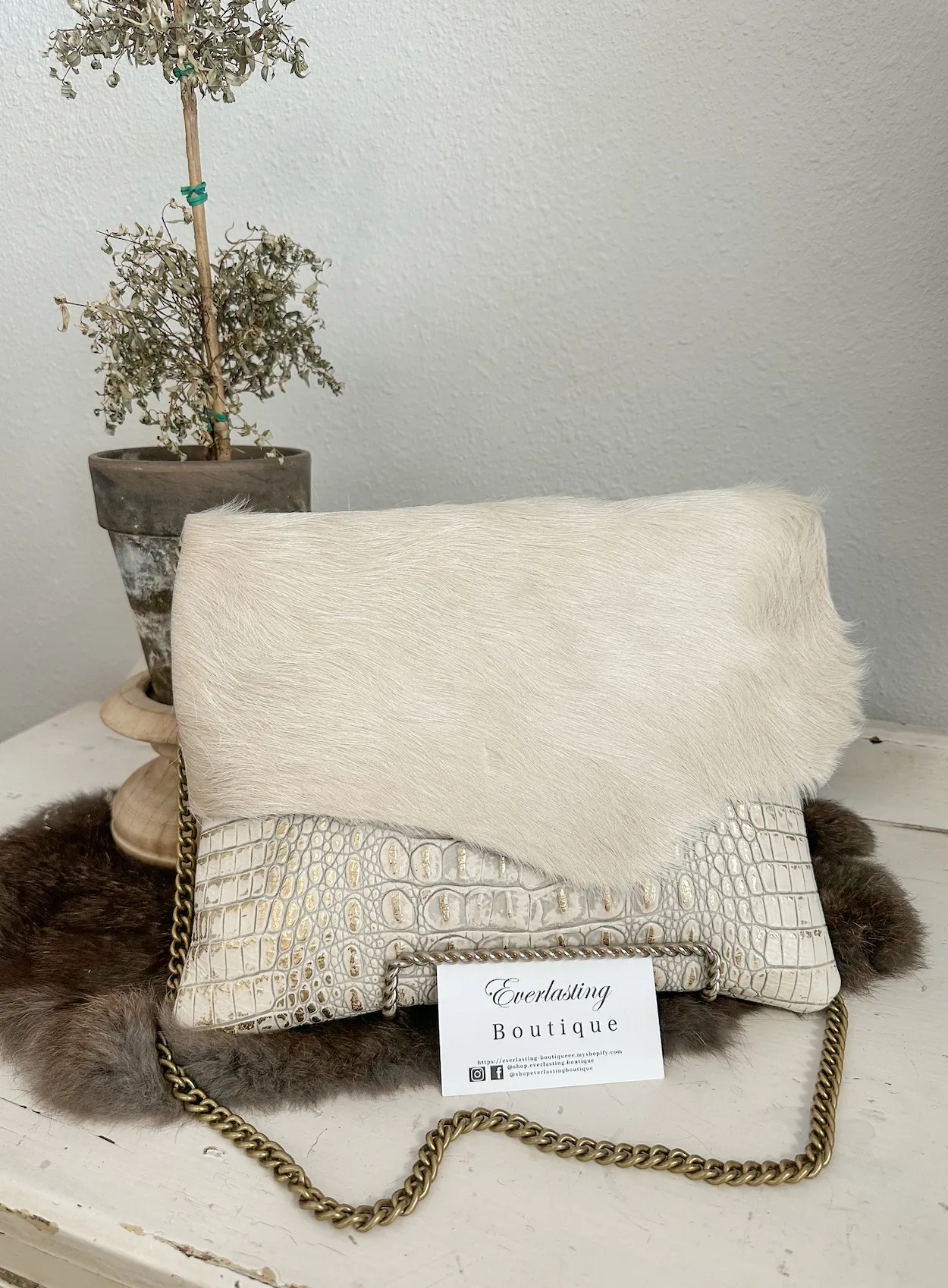 White & Gold Croc with Cream Hide Clutch/Crossbody
